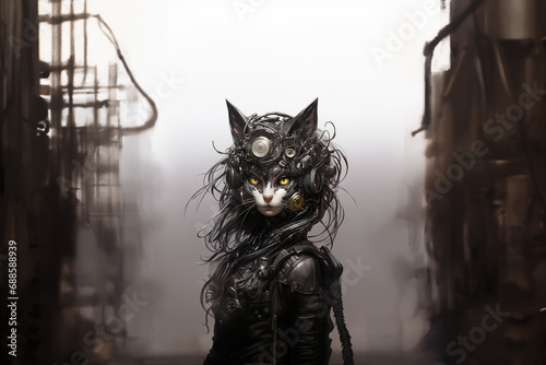 dessin monochrome d'un chat blanc cybergothique dans un univers cyberpunk. Chat féminin et sexy en tenue steampunk 