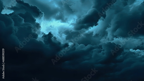 A close-up of a sky with dark blue clouds Gloomy ominous storm rain clouds background. . Epic fantasy mystic. creepy spooky nightmare horror concept. 