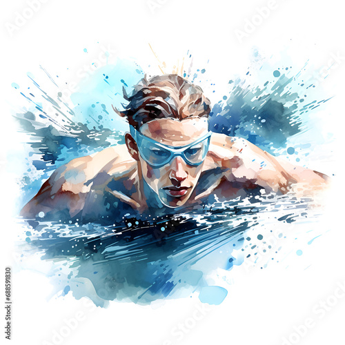 The swimmer is painted with watercolor paints