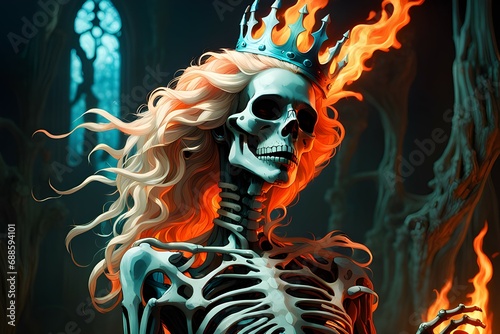 devil queen in hell with crown, skeleton ,dark , firing orange hair