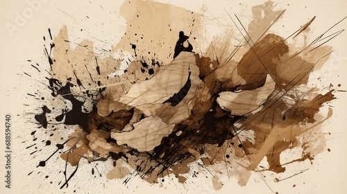 Generative AI, Beige brown black watercolor ink abstract painted background. Ink street graffiti art on a textured paper vintage background, washes and brush strokes.. 