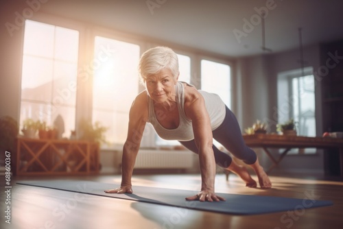 Smiling senior woman training. Athletic older lady exercising cozy home. Generate AI