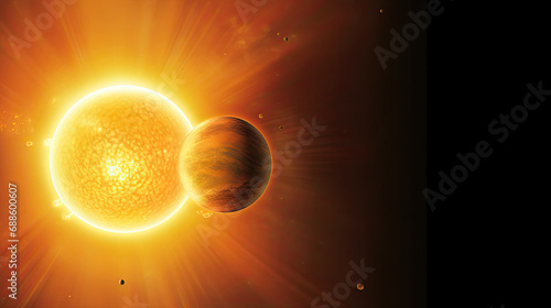 A vibrant digital illustration depicting a big orange planet with a shining star in the backdrop. Ideal for science fiction book covers. Planet in close proximity to the sun, a cosmic configuration 