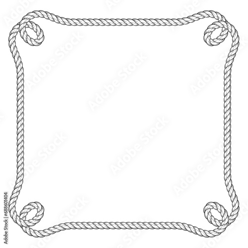 Marine style square rope frame with loops in corners, nautical towline border, vector
