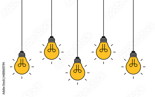 Hanging light bulbs glowing on white background. Concept of idea