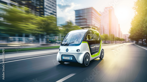 Electric Mini Mobility Vehicles Self-Driving on a City Street with Passengers, Smart Public Transport, AI Powered Shared Car, Futuristic Taxi, Green Mini Bus, Sustainable City Planning