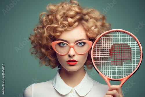 woman in glasses holds a tennis racket and ball, active sports game on the court