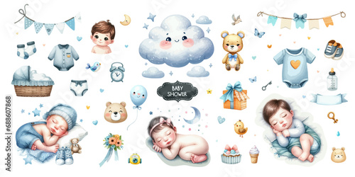 Watercolor illustration set of nursery clipart for baby boy.