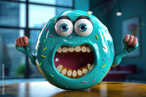 Animated donut character with blue icing and colorful sprinkles, comically flexing arms and expressing a big, joyful smile in a cafe setting.