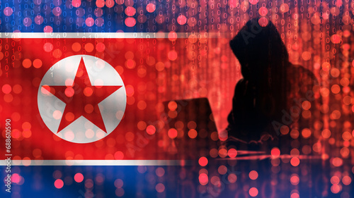 Hacker from North Korea. Flag DPRK. Silhouette man Hacker with laptop. Cyber criminal. Hacking North Korea. Cyber attack on North Korea. Hacker carries out internet attack. Kimsuky, Lazarus. 3d image