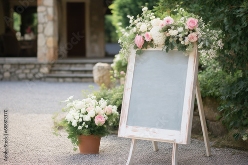 A welcoming chalkboard sign at the entrance of the wedding ceremony.