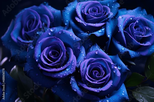 Beautiful blue roses with dew drops. floral background.