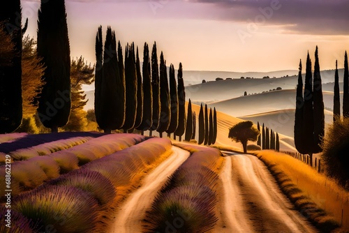 A serene Winding Road in Tuscany, bathed in warm golden sunlight, cypress trees lining the path, fields of vibrant lavender on both sides
