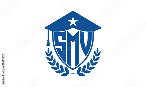 SMV three letter iconic academic logo design vector template. monogram, abstract, school, college, university, graduation cap symbol logo, shield, model, institute, educational, coaching canter, tech