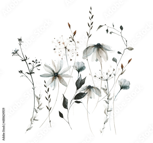 Watercolor painted floral bouquet of growing gray, black, brown chamomile, daisy, little wild flowers, leaves, branches, field herbs. Hand drawn illustration. Watercolour artistic drawing.