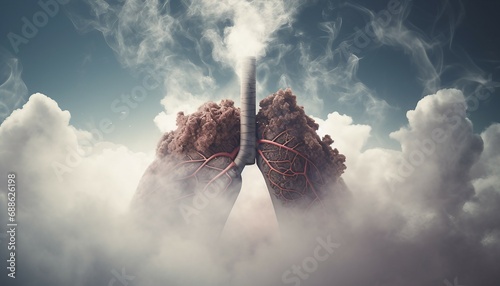 Lungs filled with cigarette smoke. Human lungs with smoke in the sky, diseased lungs smoking, Lungs with veins on a white background. 3d rendering, 