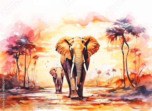 Watercolor Abstract Painting of Elephants walking in Sunset Light