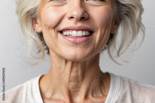 Smiling Caucasian woman with signs of aging facial skin, close-up.