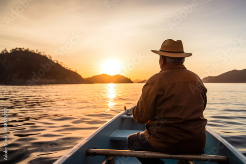 Senior fisherman in hat rowing boat at sunset on tranquil lake