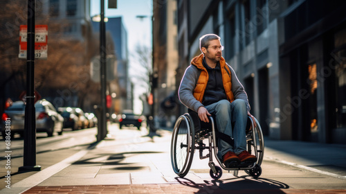 A man in a wheelchair walks alone along a city street. Disabled man enjoying the weather outdoors. Disability concept, walking.