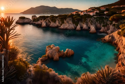**dramatic spring sunset on the cape milazzo panorama of nature reserve piscina di venere-