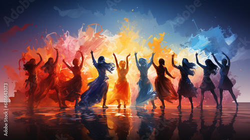 AI rendered image of young women in a dance group. ai generated.