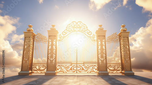 Golden Gates of heaven with sunshine in clouds. Way to Heaven in glory, gates of Paradise, meeting God, symbol of Christianity. Gates of heaven coming out of the clouds, floating in the sky
