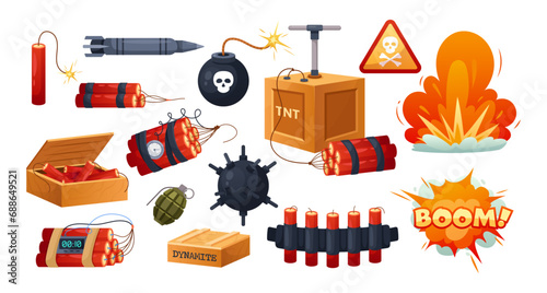 Dynamite and bomb set. Vector icon set of explosive lethal weapon, TNT, dynamite pack and sticks with burning fuse, mine, hand grenade, missile, danger sign, nuclear bomb. Military weapon, army, war