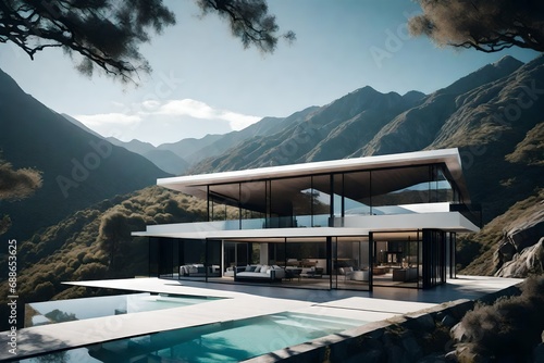 modern exterior of a luxury villa in a minimal style. glass house in the mountains. magnificent mountain views from the veranda of a modern villa luxury-