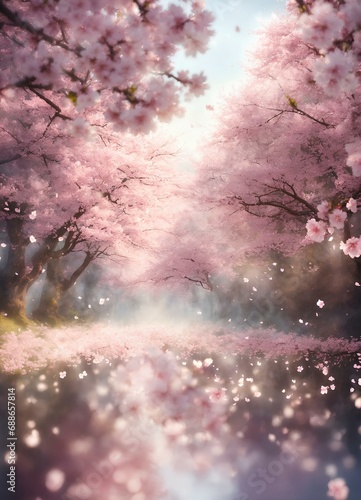 舞い散る桜と花びらの背景、春｜Background of falling cherry blossoms and petals, spring. Generative AI