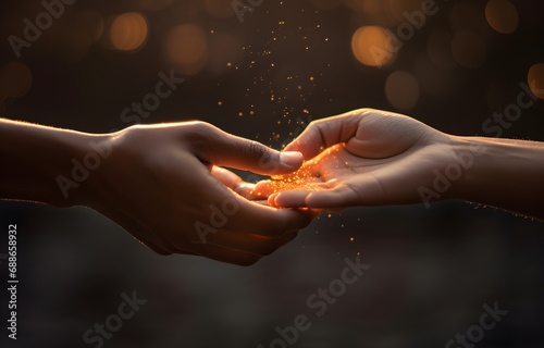 love concept represented by hands extended to each other on dark bokeh background
