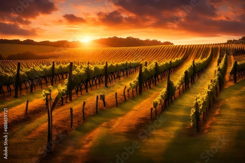 charming vineyard at sunset - A charming vineyard bathed in the warm glow of sunset generative al - 