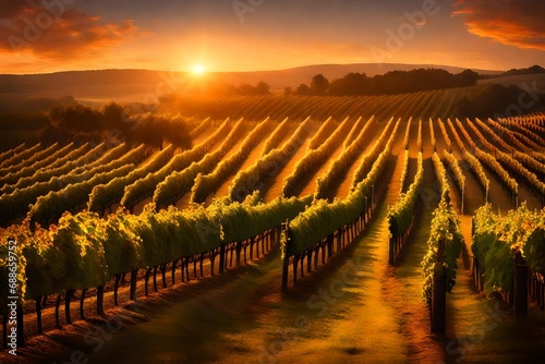 charming vineyard at sunset - A charming vineyard bathed in the warm glow of sunset generative al - 