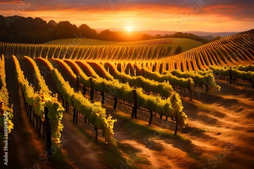 **charming vineyard at sunset - A charming vineyard bathed in the warm glow of sunset generative al - 