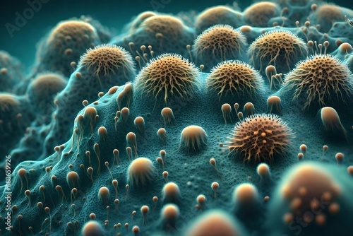 **microscopic image of growing models or mold funger and spores - 3d illustration.-