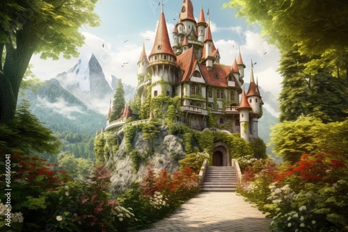 A mysterious fairytale castle, among green foliage and dense trees, on the edge of the forest