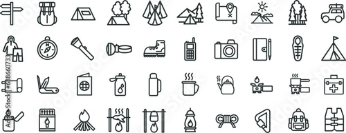 Simple Set of Travel Outdoor Related Vector Line Icons. Contains such Icons as Campfire, Hiking, Camp Trailer and more.