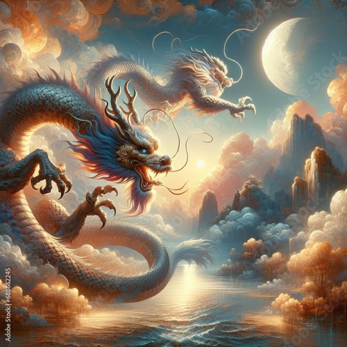 龍（ドラゴン）架空の生物、お正月、年賀状、干支、辰、中国、アジア、生成AIイラスト