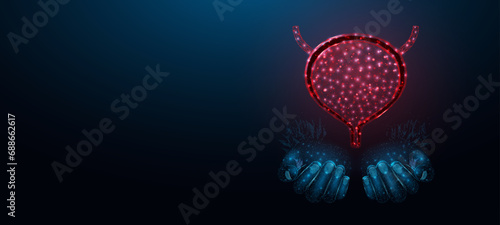 Two human hands are holds human bladder. Medical concept, bladder cancer, cystitis, human excretory system. Wireframe low poly style. Abstract vector illustration on dark blue background.