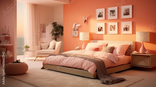 Stylish bedroom interior of fashionable Apricot Crush peach-orange color. Bedroom design with a bed, indoor plants, paintings