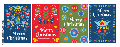 Scandinavian Scandi Folk Art Christmas Xmas Card Poster Flyer Template Design
