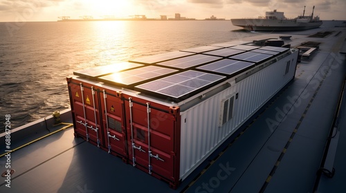 large cargo ship adorned with numerous solar panels, illustrating the innovative integration of green energy solutions in maritime transport for enhanced sustainability and reduced carbon footprint.