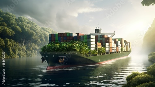 A large, ecofriendly cargo container ship at river, symbolizing sustainable maritime transport with a focus on reducing carbon emissions and preserving the environment.