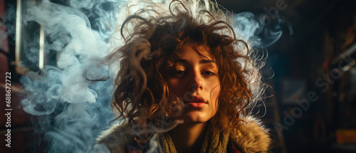 Junge Frau im Nebel des Zigarettenrauchs