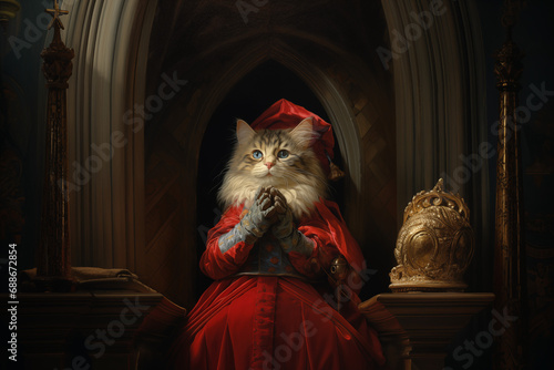 icone animalière d'un chat suivant le style de l'art religieux catholique, caricature d'un chat habillé dans la tenue du Cardinal français Richelieu, dans une église à côté de la couronne de France.