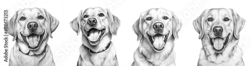 Set of four golden retriever dog portraits ,isolated on white background, sketch hand drawing