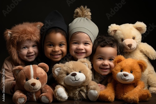 Children are captured in a moment of pure joy as they hug soft or stuffed toys. The image radiates innocence and delight, making it an ideal choice for a toy shop commercial.