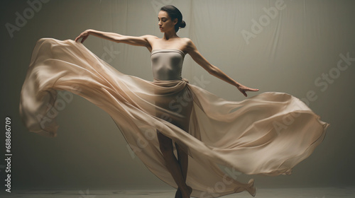 Artistic minimalist portrait of a dancer, mid-motion, clean lines, dynamic pose, muted tones