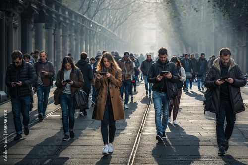 Foto mostrando o cotidiano conectado e dependente das pessoas nos smartphones e redes sociais, tecnologia e conexão 4G e 5G. 