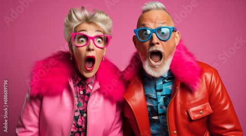 A Playful Elderly Couple wearing Sunglasses and Colourful Mismatched Clothing. A man and woman wearing sunglasses and fun multicoloured clothing